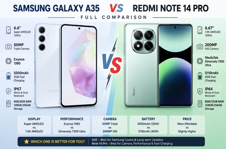 Samsung Galaxy A35 vs Redmi Note 14 Pro – Full Comparison, Specs, Price & Features 2026
